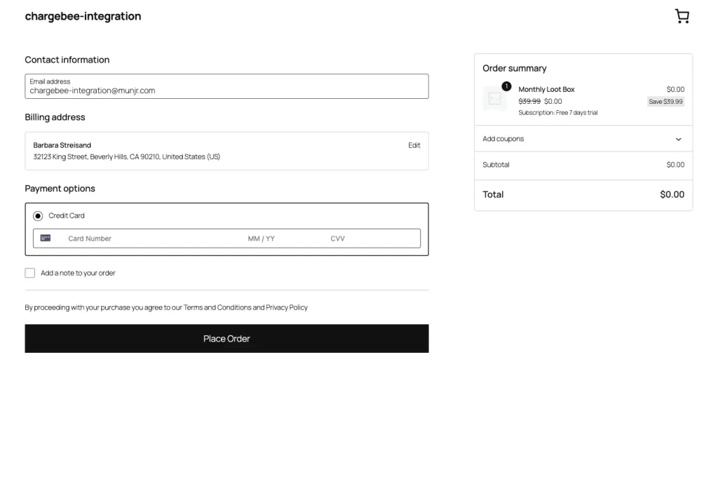 WooCommerce checkout with Chargebee card fields and a free-trial order summary at zero dollars