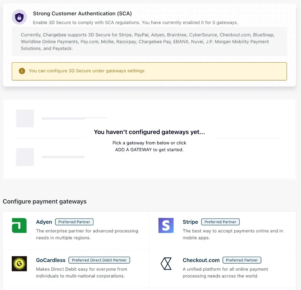 Chargebee Payment Gateways settings showing no gateways configured yet, with Stripe, Adyen, GoCardless, and Checkout.com available to add