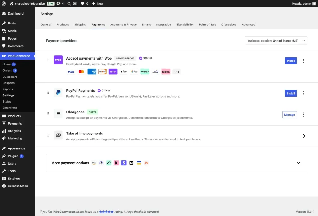 WooCommerce Payments settings showing the Chargebee gateway as Active