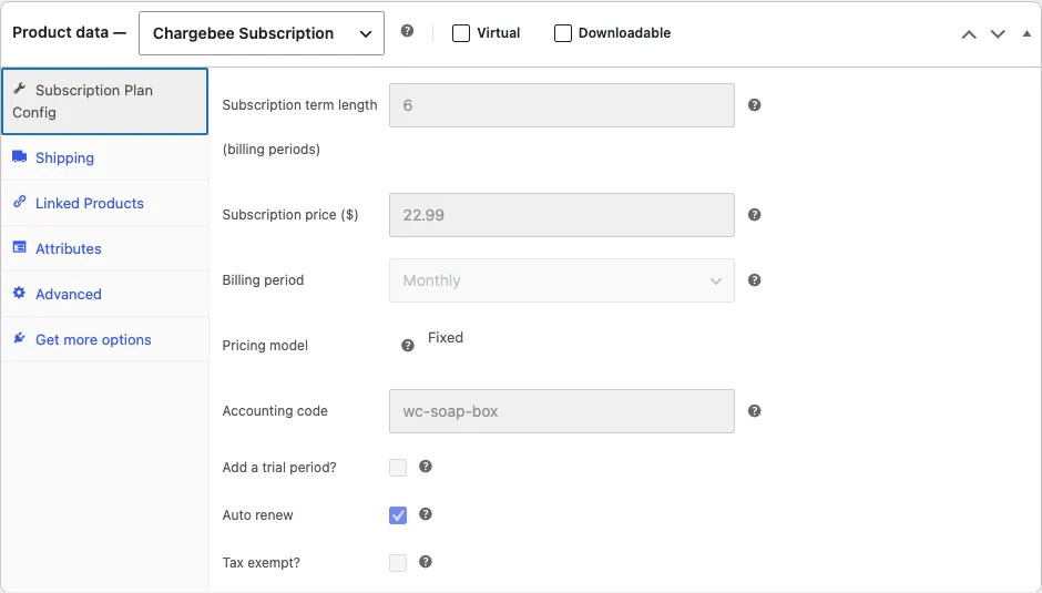 WooCommerce Product data metabox with Chargebee Subscription type and Subscription Plan Config fields