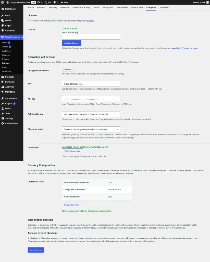 WooCommerce Settings Chargebee tab with license, API connection, currency status, and subscription lifecycle help