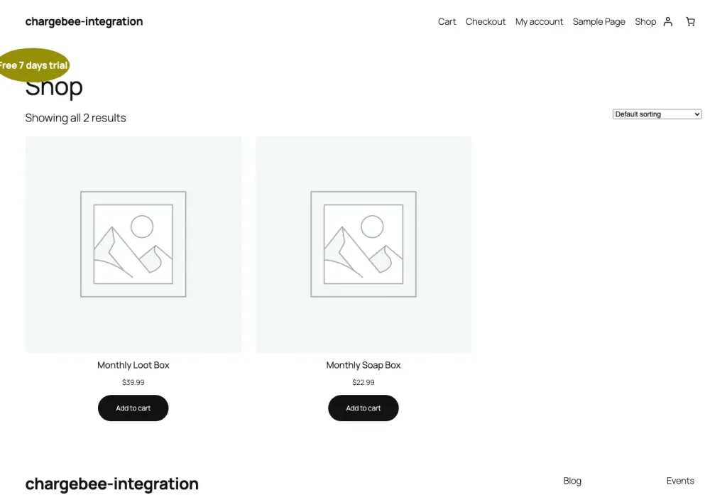 WooCommerce shop page showing subscription products and a Free 7 days trial badge