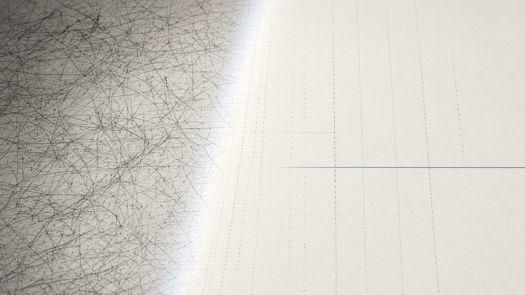 Messy, tangled data marks resolving into clean aligned columns — commerce data made structured and usable.