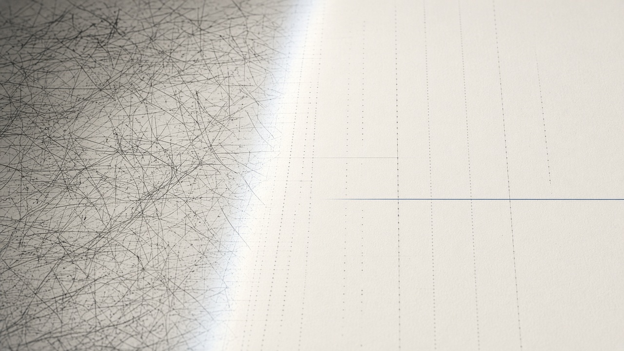 Messy, tangled data marks resolving into clean aligned columns — commerce data made structured and usable.