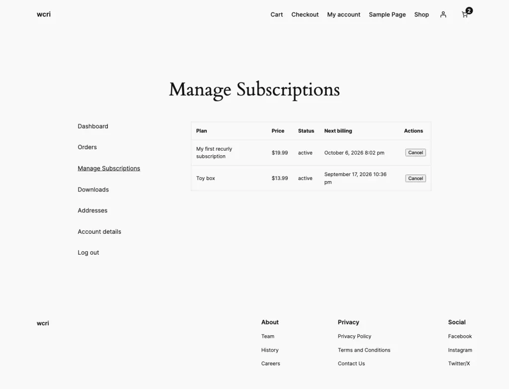 WooCommerce My Account Manage Subscriptions table with active Recurly plans, prices, next billing, and Cancel