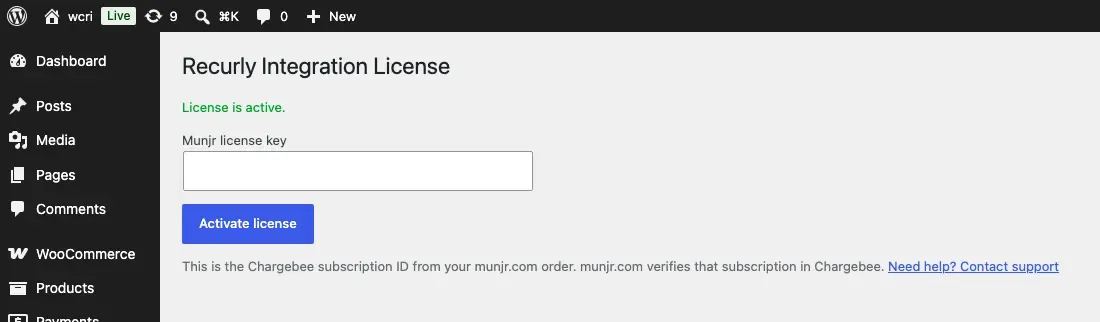 WordPress Settings Munjr License screen with Munjr license key field and Activate license button