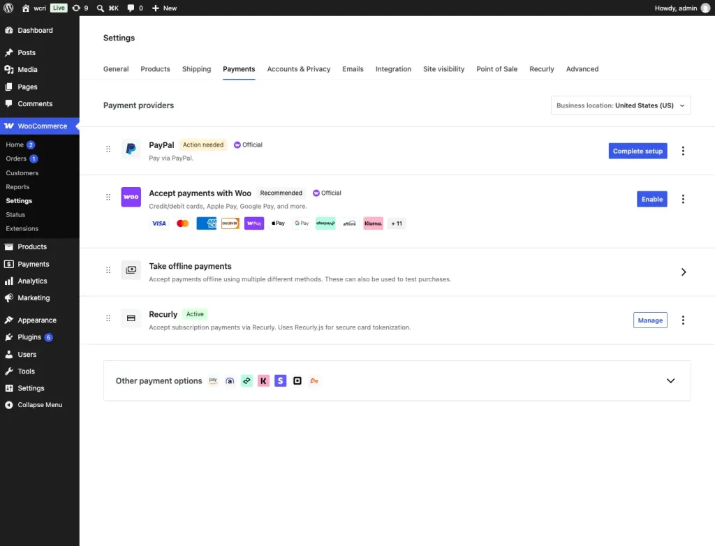 WooCommerce Payments settings showing the Recurly gateway as Active