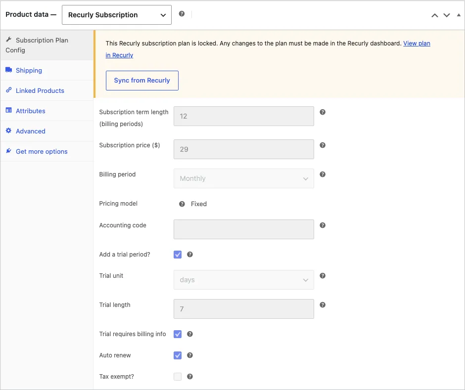 WooCommerce Product data with Recurly Subscription type and locked Subscription Plan Config after plan creation