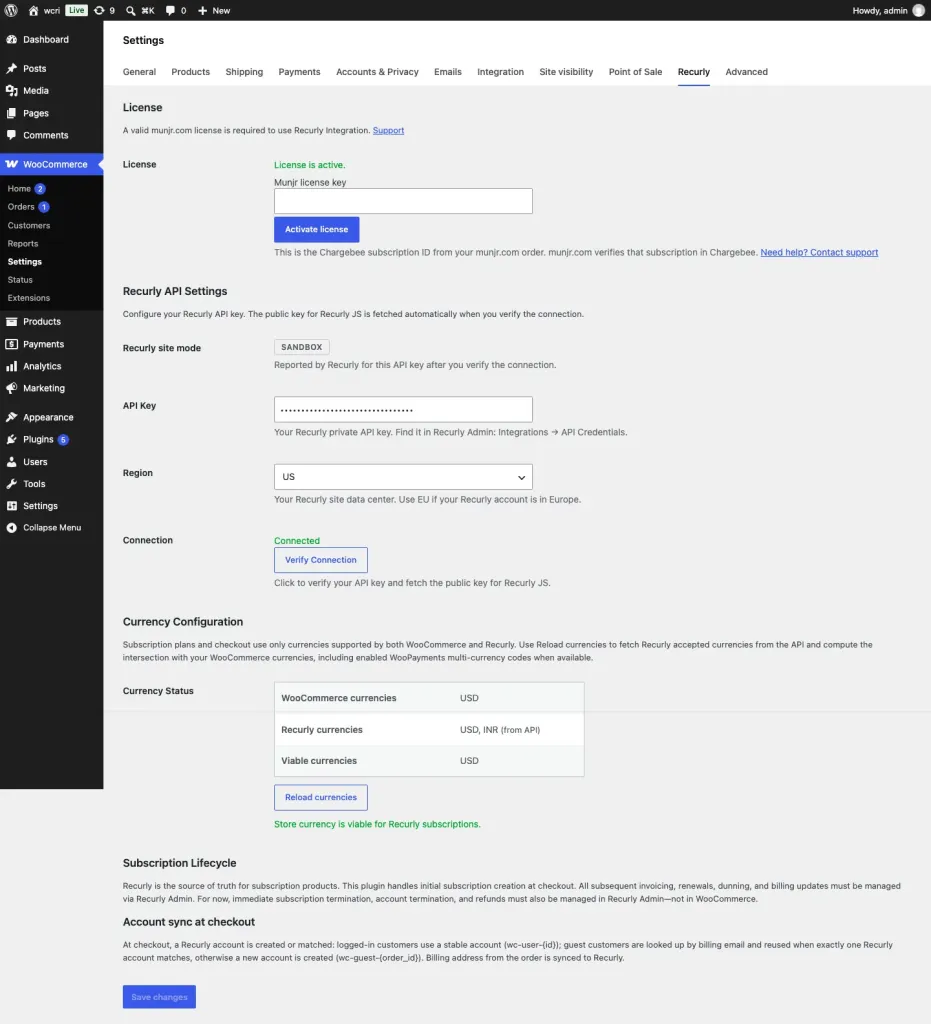 WooCommerce Recurly settings with API key, region, sandbox badge, and Verify Connection