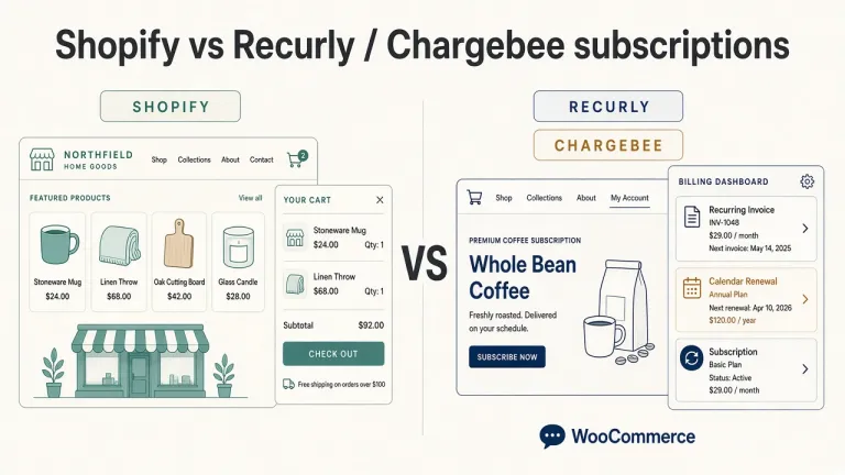 Shopify vs Recurly and Chargebee subscriptions: a hosted Shopify storefront compared with WooCommerce plus Recurly or Chargebee billing